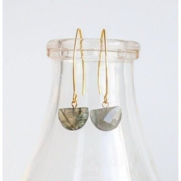 Stunning Gemstone Dangle Earrings Labradorite Earring WATERPROOF Gold Threader - Picture 5 of 14
